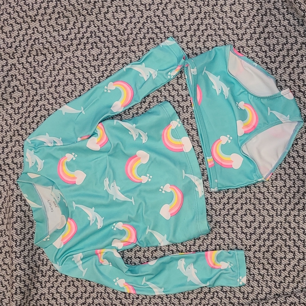Swimsuit Teal and Bright Rainbows and Dolphin Size 18-24M